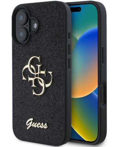 Калъф Guess - PU Fixed Glitter 4G Metal Logo, iPhone 16 Plus, черен - 4