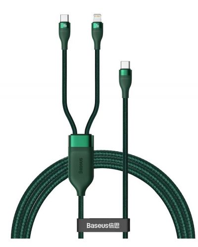 Кабел Baseus - Flash, USB-C/USB-C/Lightning, 1.5 m, зелен - 1