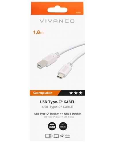 Кабел Vivanco - Printer, USB-C/USB-B, 1.8 m, бял - 2