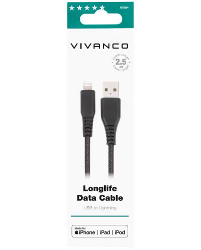 Кабел Vivanco - 61688,USB-A/Lightning, 1.5 m, черен - 2