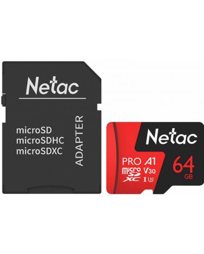 Карта памет Netac - 64GB PRO A1, microSDXC, Class10 + адаптер - 1