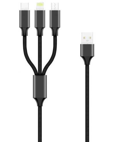 Кабел Forever - 3 в 1, Micro USB/Lightning/USB-C, 1.2 m, черен - 1