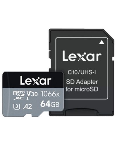 Карта памет Lexar - Pro 1066x, 64GB, microSDXC + адаптер - 1