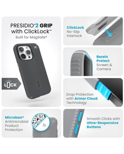 Калъф Speck - Presidio 2 Grip, iPhone 15 Pro, MagSafe ClickLock, сив - 8