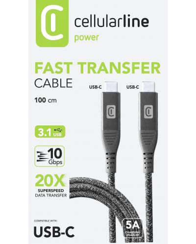 Кабел Cellularline - Fast Transfer, USB-C/USB-C 3.1, 1 m, черен - 2