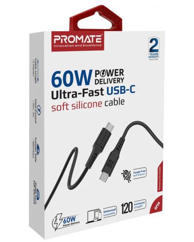 Кабел ProMate - PowerLink-CC120, USB-C/USB-C, 1.2 m, черен - 1