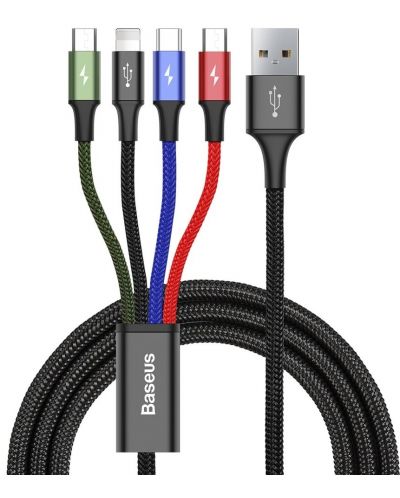 Kабел Baseus - 4 в 1, USB-А/USB-C/Lightning/2x Micro USB, 1.2 m, черен - 1