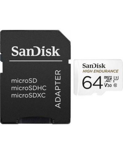 Карта памет SanDisk - High Endurance, 64GB, microSDXC, Class10 + адаптер - 2