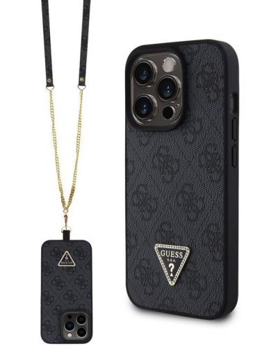 Калъф Guess - 4G Strass Triangle Metal Logo/Strap, iPhone 15 Pro, черен - 1