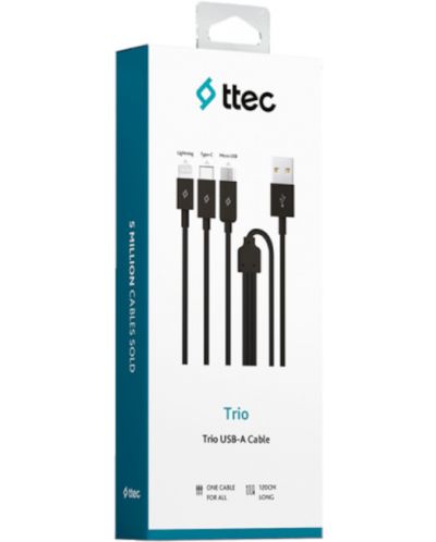 Кабел ttec - Trio Charge, USB-A/USB-C/Micro USB/Lightning, 1.2 m, черен - 2