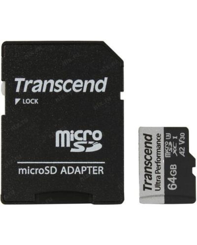 Карта памет Тranscend - Ultra Performance, 64GB, microSD + адаптер - 1