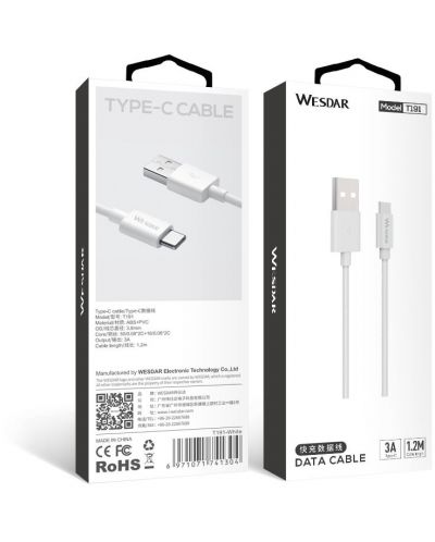 Кабел Wesdar - T191-T, USB-A/USB-C, 1.2 m, бял - 2