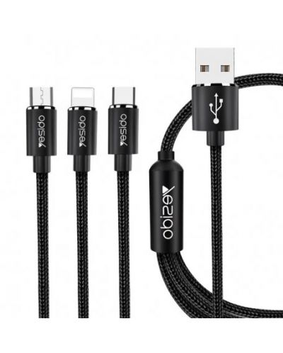 Кабел Yesido - CA-60, USB-A/USB-C/Lightning/Micro USB, 1.2 m, черен - 1