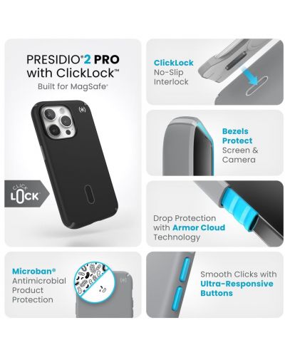 Калъф Speck - Presidio 2 Pro, iPhone 15 Pro, MagSafe ClickLock, черен - 9