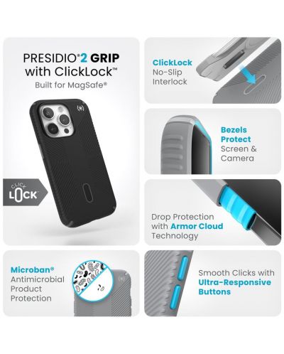 Калъф Speck - Presidio 2 Grip, iPhone 15 Pro, MagSafe ClickLock, черен - 9