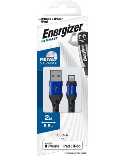 Кабел Energizer - C520LKBL, USB-A/Lightning, 2 m, син/черен - 2