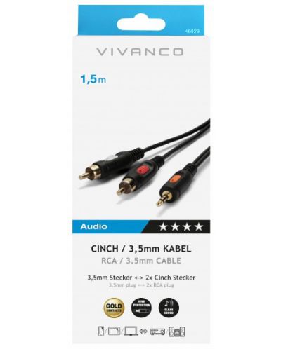 Аудио кабел Vivanco - 46029, жак 3.5 mm/2x RCA, 1.5 m, черен - 2