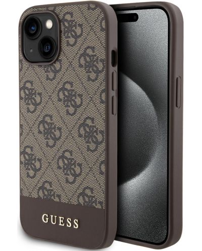 Калъф Guess - PU 4G Stripe, iPhone 15, MagSafe, кафяв - 1