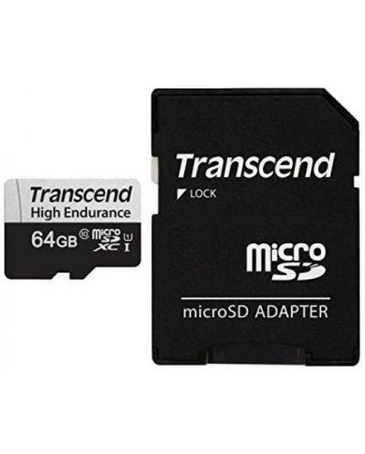 Карта памет Transcend - High Endurance, 64GB, microSD U1 + адаптер - 1