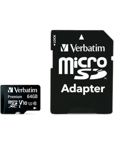 Карта памет Verbatim - 64GB, microSDXC, Class10 + адаптер - 1