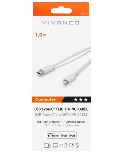 Кабел Vivanco - 45281, USB-C/Lightning, 1 m, бял - 2