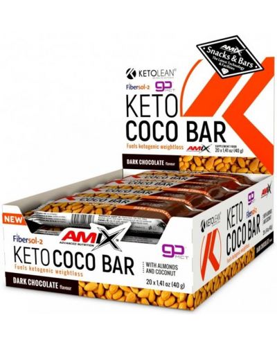 KetoLean Keto goBHB Coco Bar, черен шоколад, 20 броя, Amix - 1