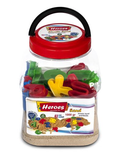 Пясък за игра в кофа Heroes - Натурален цвят с 43 фигурки, 1000 g