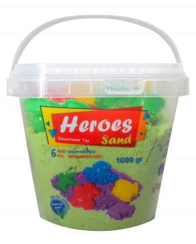 Пясък за игра в кофа Heroes - Зелен цвят с 6 фигурки, 1000 g.
