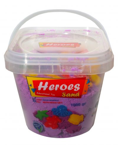 Пясък за игра в кофа Heroes - Лилав цвят с 6 фигурки, 1000 g