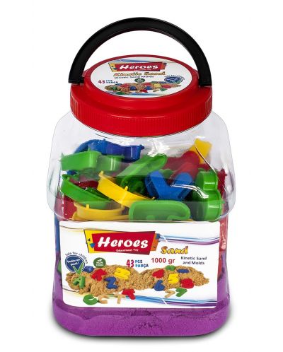 Пясък за игра в кофа Heroes - Лилав цвят с 43 фигурки, 1000 g