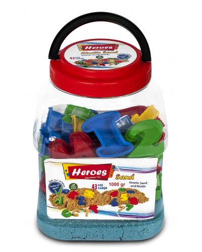 Пясък за игра в кофа Heroes - Син цвят с 43 фигурки, 1000 g