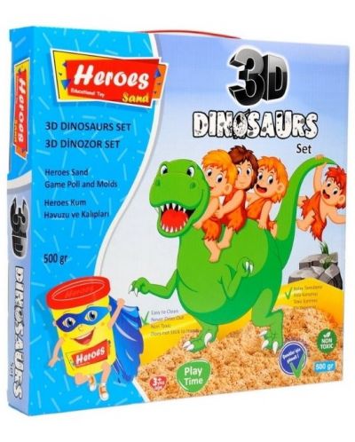 Пясък за игра Heroes - Динозаври, с басейн и фигури, 500 g