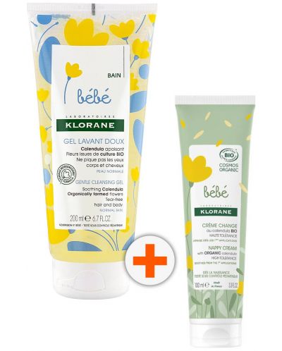 Klorane Bebe Комплект - Измиващ гел и Крем при смяна на пелени, 200 + 100 ml - 1