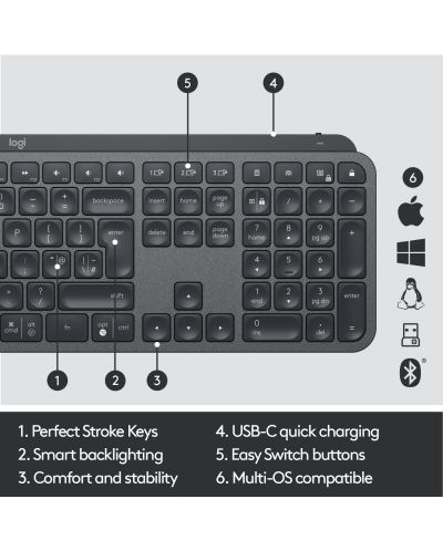 Клавиатура Logitech - MX Keys, безжична, Graphite - 8