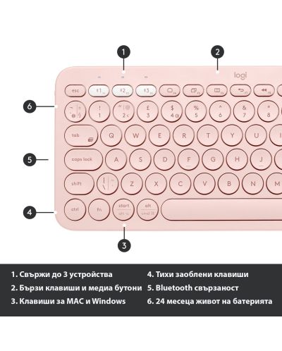 Клавиатура Logitech - K380 For Mac, US ISO, безжична, Rose - 7