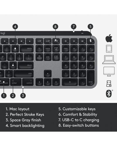 Клавиатура Logitech - MX Keys For Mac, безжична, Space Grey - 8