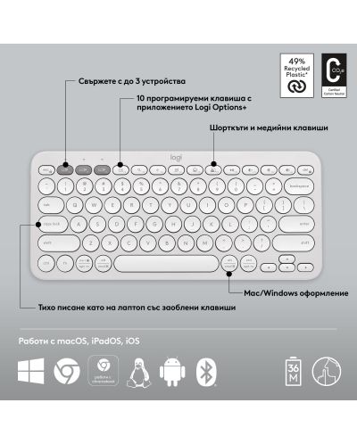 Клавиатура Logitech - Pebble Keys 2 K380s, безжична, US Layout, White - 11