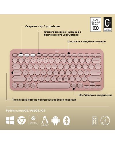 Клавиатура Logitech - Pebble Keys 2 K380s, безжична, US Layout, Rose - 8