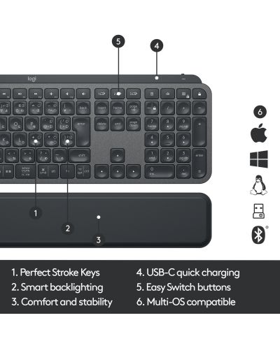 Клавиатура Logitech - MX Keys palm rest, безжична, черна - 14