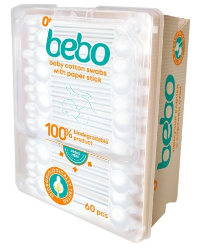 Памучни клечки с хартиен стик Bebo - 100% биоразградими, 60 броя