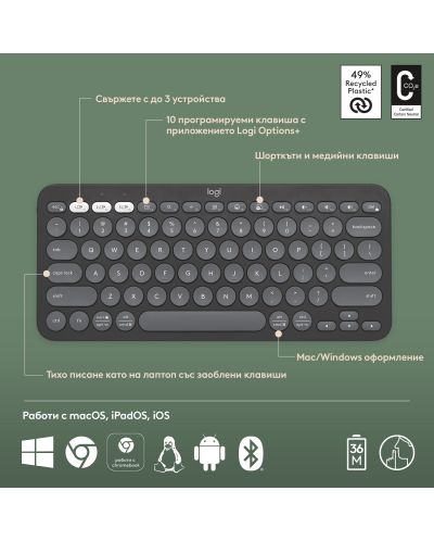 Клавиатура Logitech - Pebble Keys 2 K380s, безжична, ISO Layout, Graphite - 7