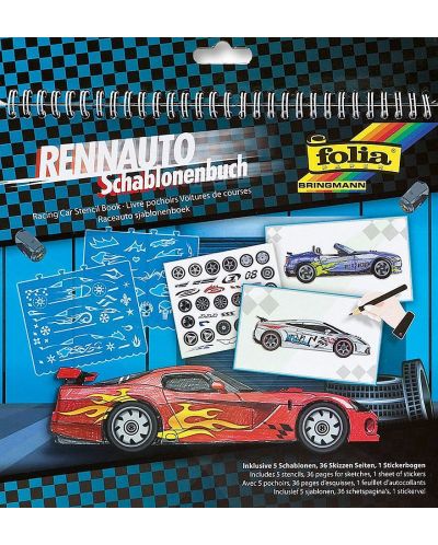 Книжка за рисуване със стикери и шаблони Folia - Състезателни коли - 1