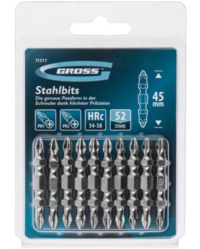 Комплект двустранни битове Gross - PH2-Ph1 x 45 mm, S2, 10 броя - 1