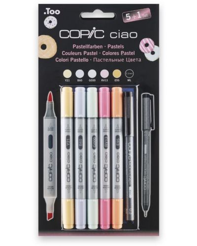 Комплект маркери Too Copic Ciao - Пастелни нюанси, 5 цвята + 1 черен multi liner, 0.3 mm - 1