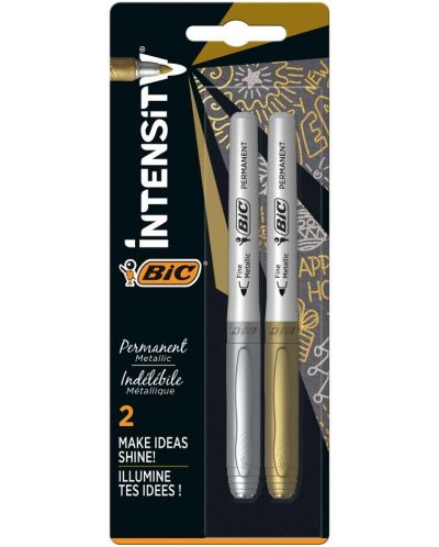 Комплект перманентни маркери BIC - Intensity, объл връх, 1.8 mm, сребърен и златен - 1