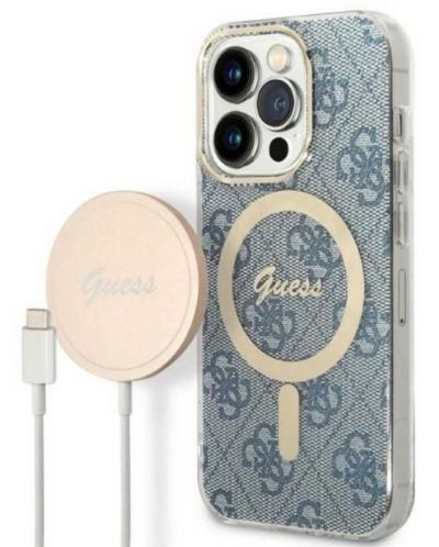 Калъф и зарядно Guess - 4G MagSafe, iPhone 14 Prо, син - 1