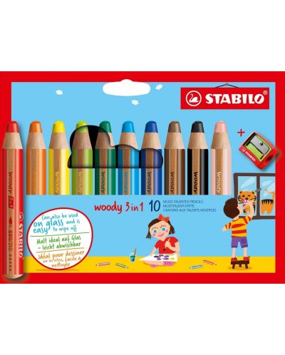 Комплект цветни моливи Stabilo Woody 3 in 1 - 10 цвята, с острилка - 1