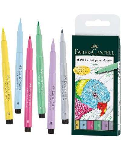 Комплект маркери с четка Faber-Castell Pitt Artist - Пастелни цветове, 6 броя - 2