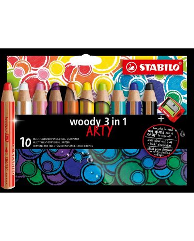 Комплект цветни моливи Stabilo Woody 3 in 1 - Arty, 10 цвята, с острилка - 1