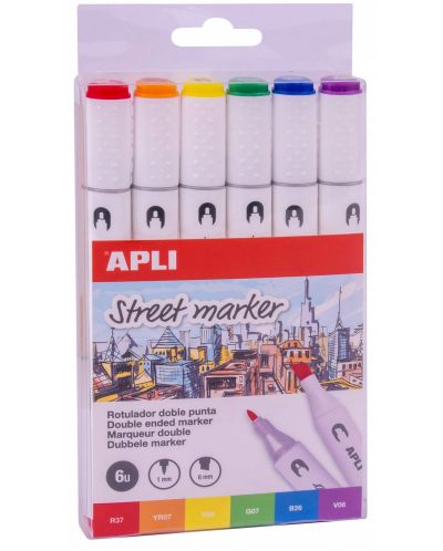 Комплект двустранни маркери Apli - 6 цвята - 1